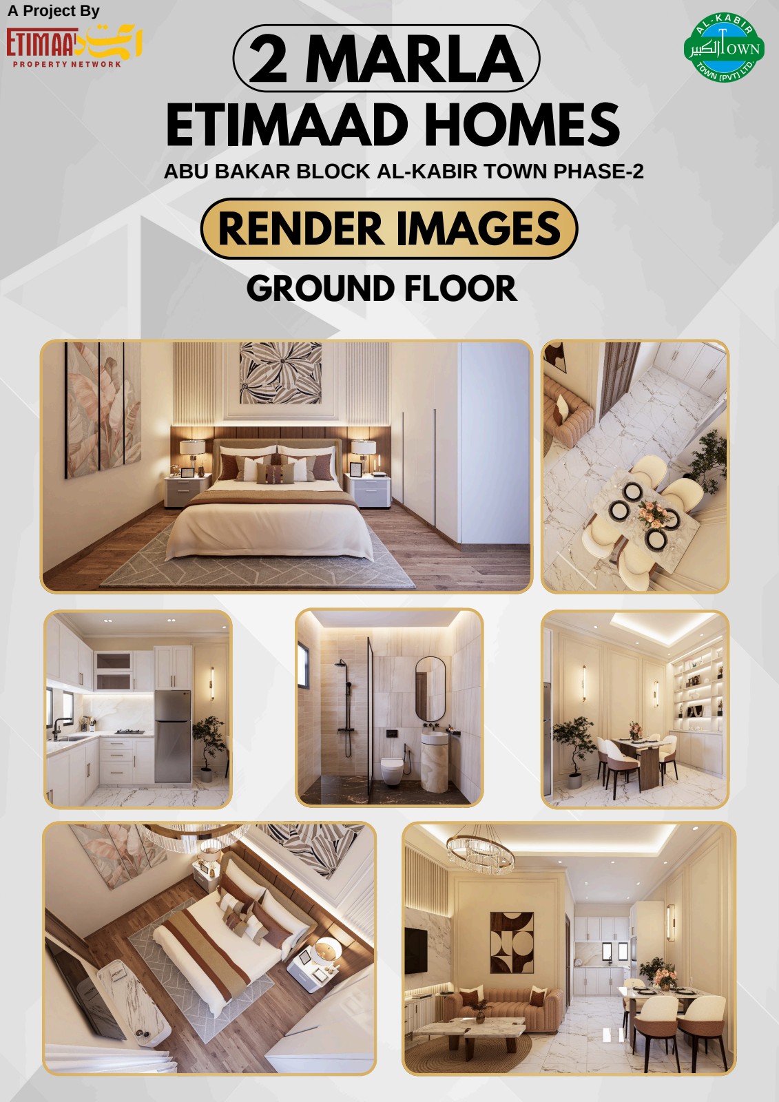 Ground Floor Interiors — Bedroom, Kitchen, Living, Bathroom