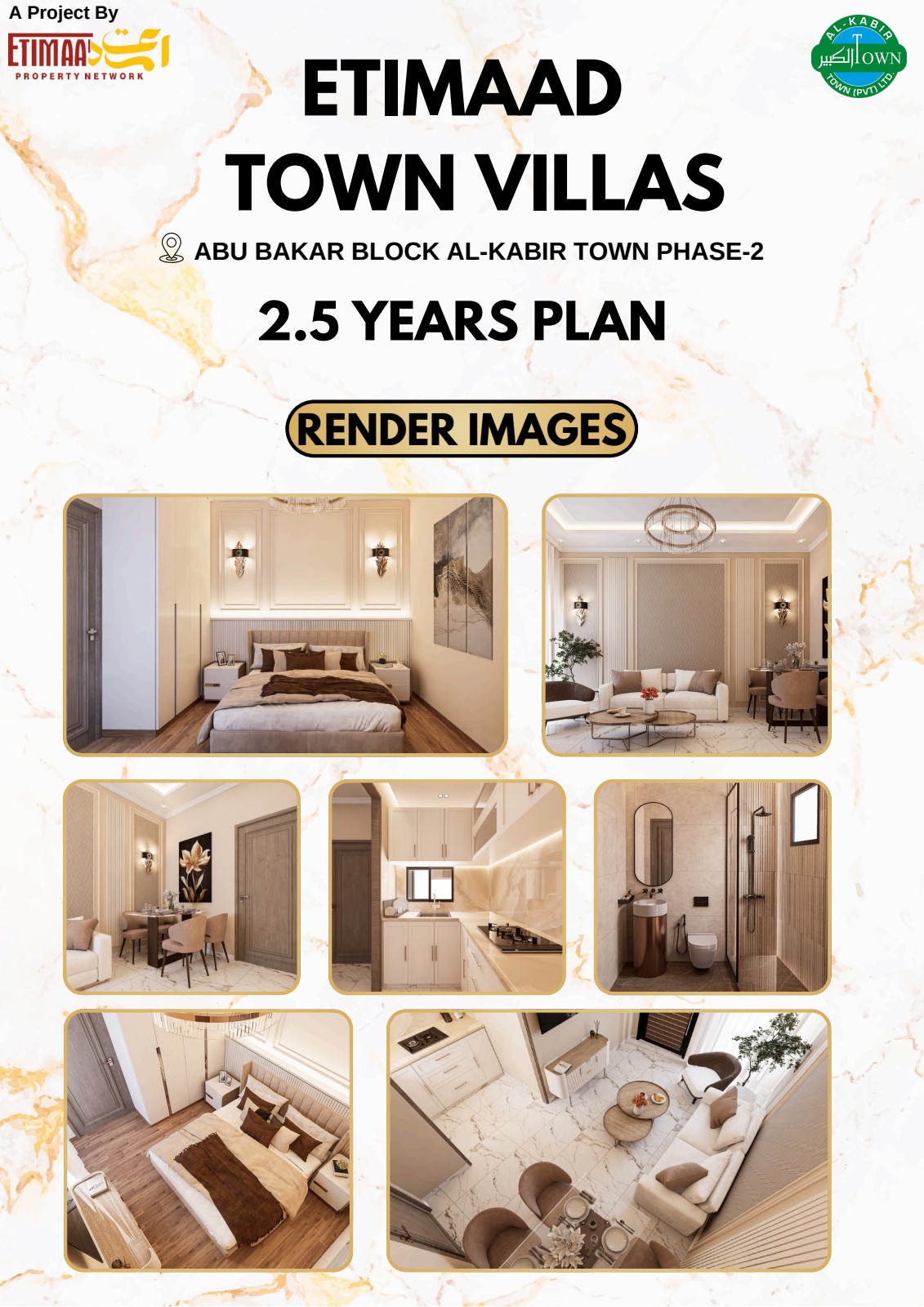 Interior Renders — Bedroom, Living, Kitchen, Bathroom