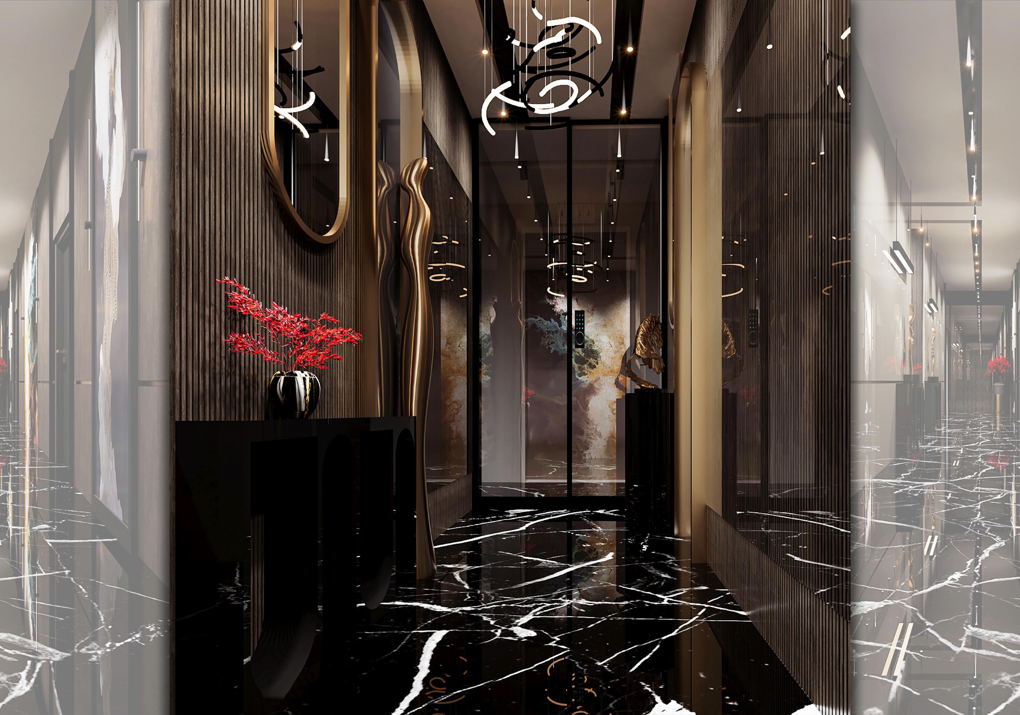 Lift Lobby — Gold & Brass Detail
